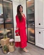 Women’s Red Designer Rayon Kurta Set with Embroidery & Sheer Organza Dupatta