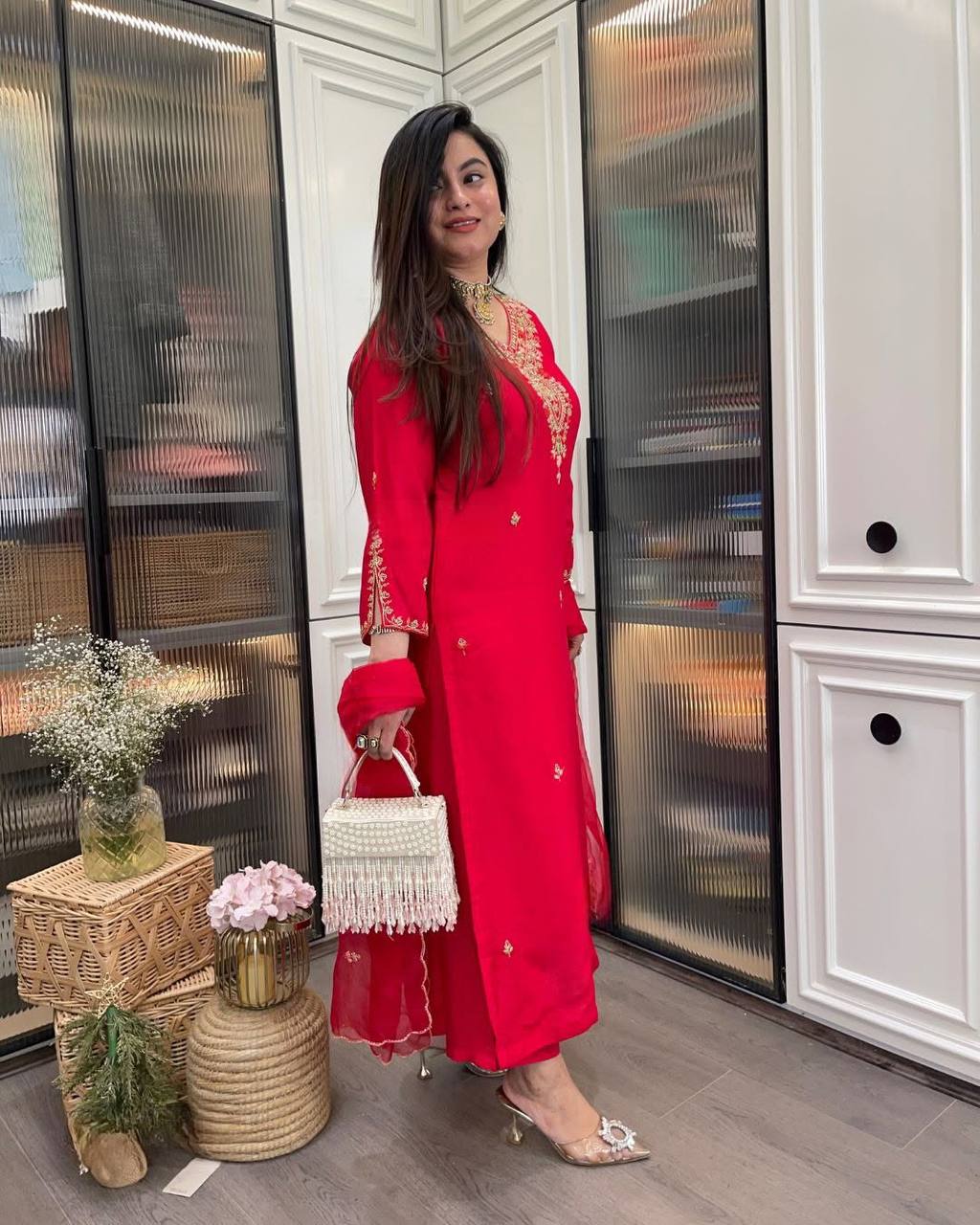 Women’s Red Designer Rayon Kurta Set with Embroidery & Sheer Organza Dupatta