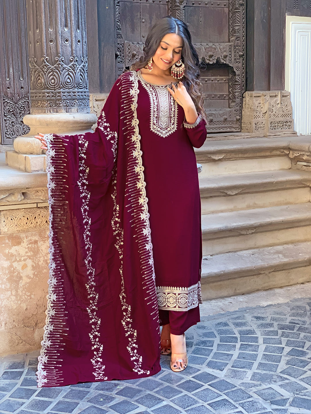 Women’s Wine Vichitra Silk Embroidered Kurta Set with Pant & Chinon Laced Dupatta