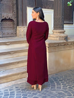 Women’s Wine Vichitra Silk Embroidered Kurta Set with Pant & Chinon Laced Dupatta
