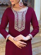 Women’s Wine Vichitra Silk Embroidered Kurta Set with Pant & Chinon Laced Dupatta