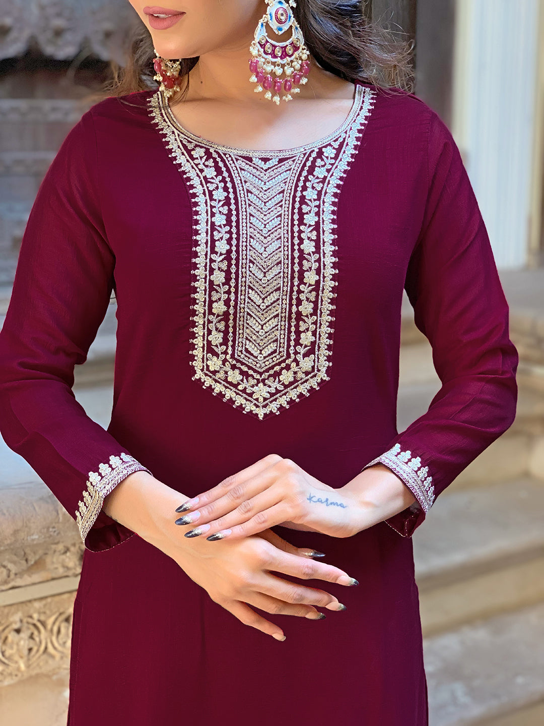 Women’s Wine Vichitra Silk Embroidered Kurta Set with Pant & Chinon Laced Dupatta