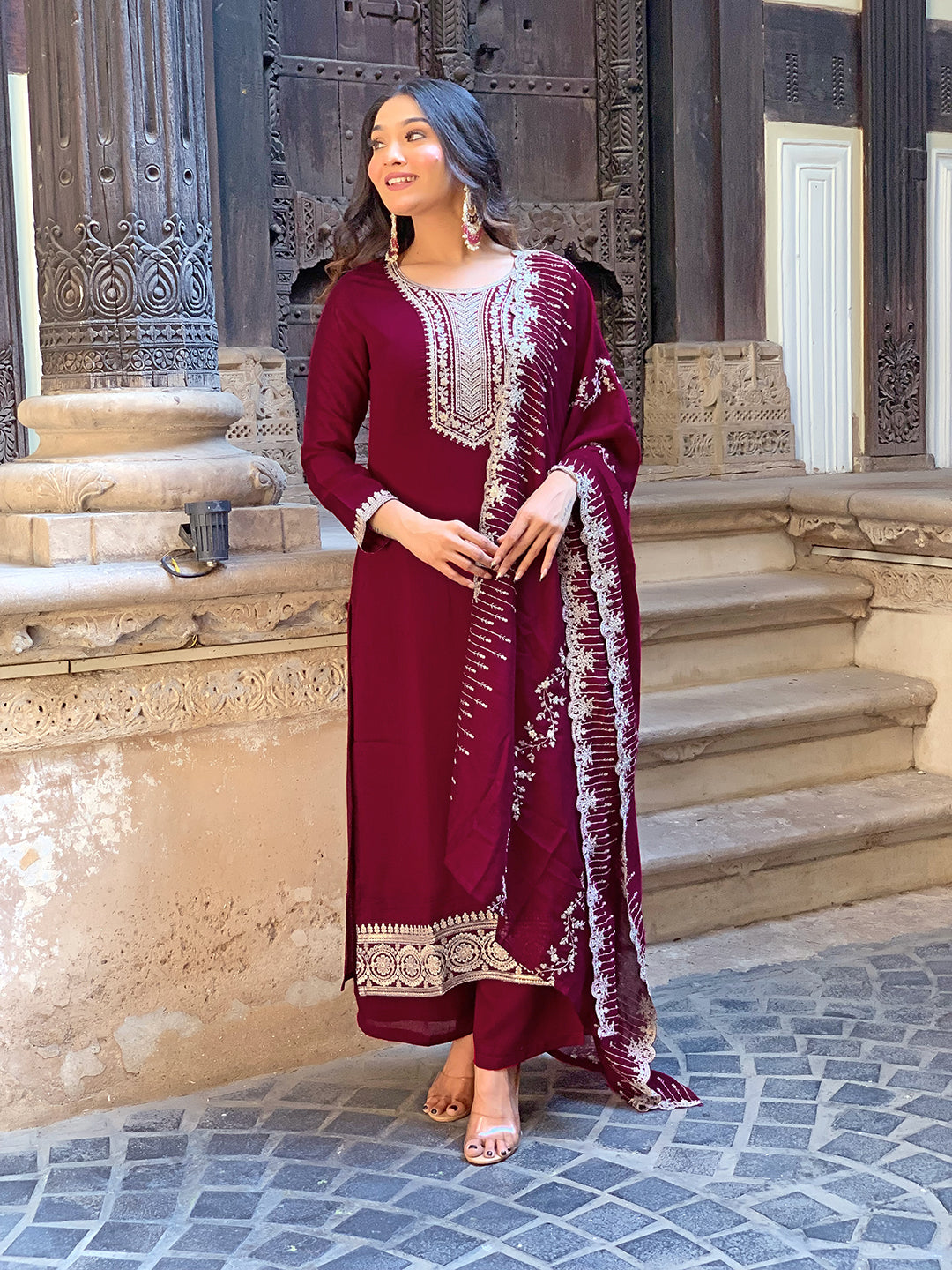 Women’s Wine Vichitra Silk Embroidered Kurta Set with Pant & Chinon Laced Dupatta