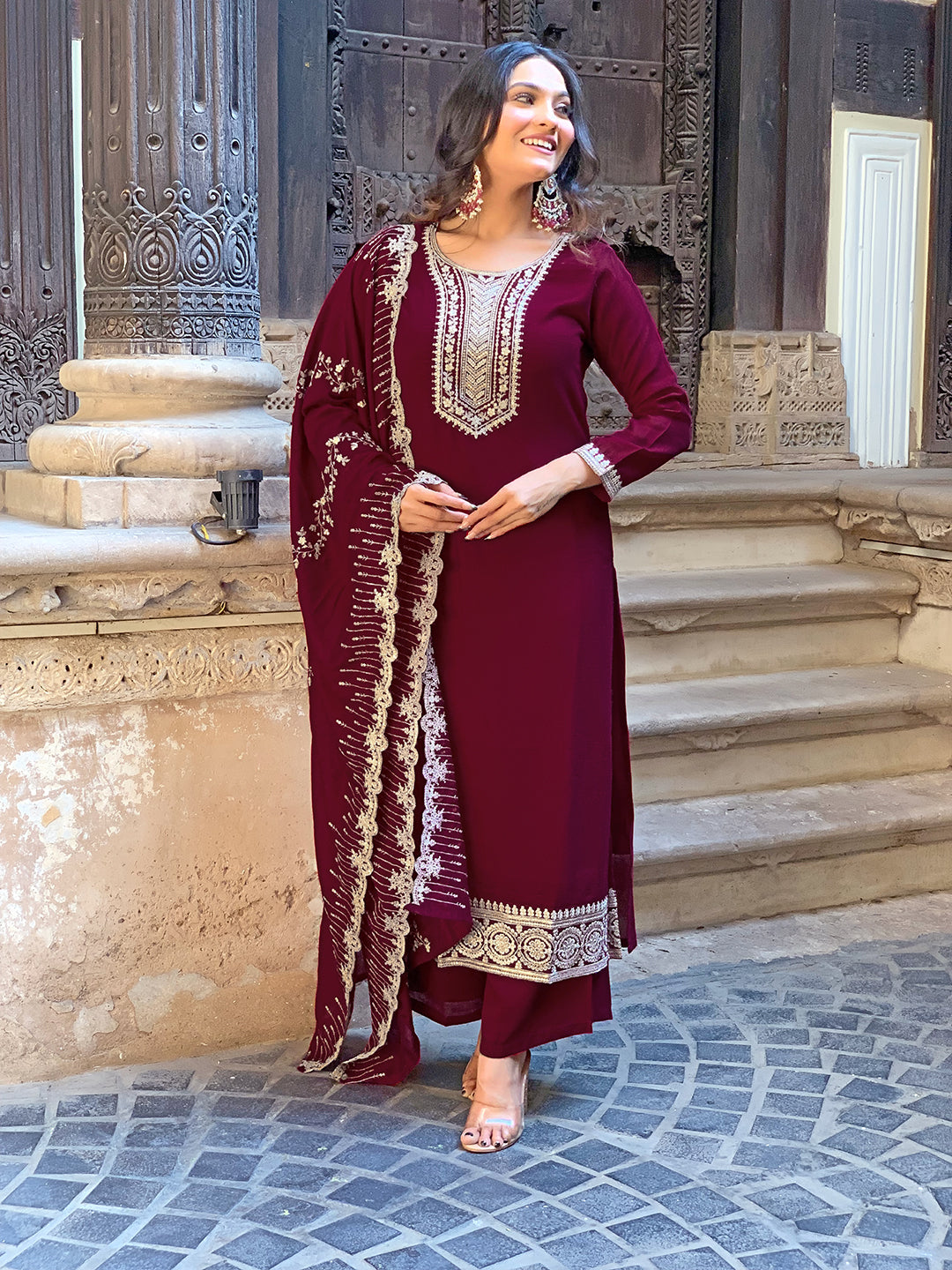 Women’s Wine Vichitra Silk Embroidered Kurta Set with Pant & Chinon Laced Dupatta