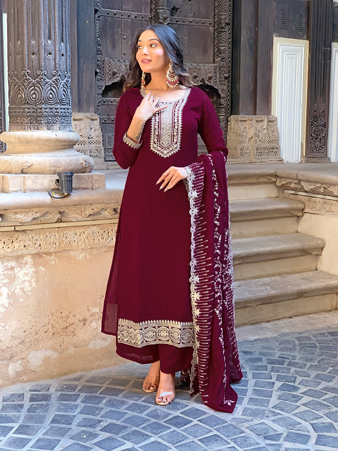 Women’s Wine Vichitra Silk Embroidered Kurta Set with Pant & Chinon Laced Dupatta