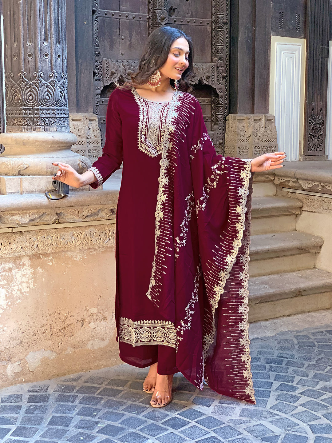 Women’s Wine Vichitra Silk Embroidered Kurta Set with Pant & Chinon Laced Dupatta