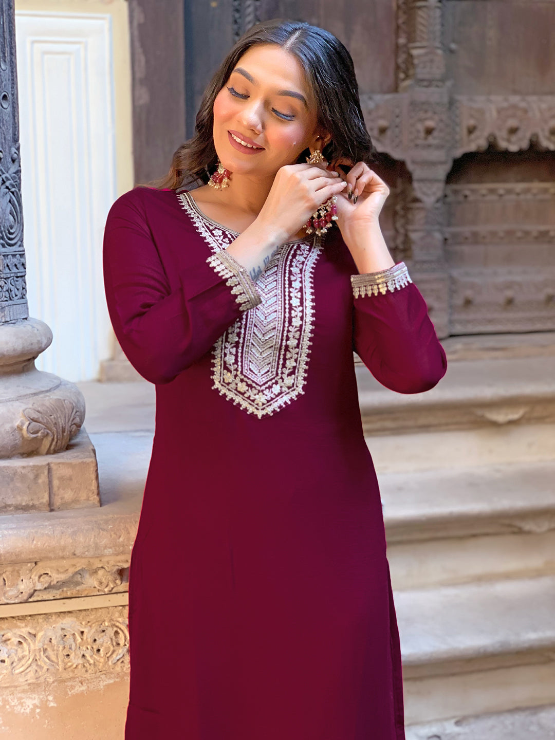 Women’s Wine Vichitra Silk Embroidered Kurta Set with Pant & Chinon Laced Dupatta