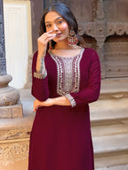 Women’s Wine Vichitra Silk Embroidered Kurta Set with Pant & Chinon Laced Dupatta