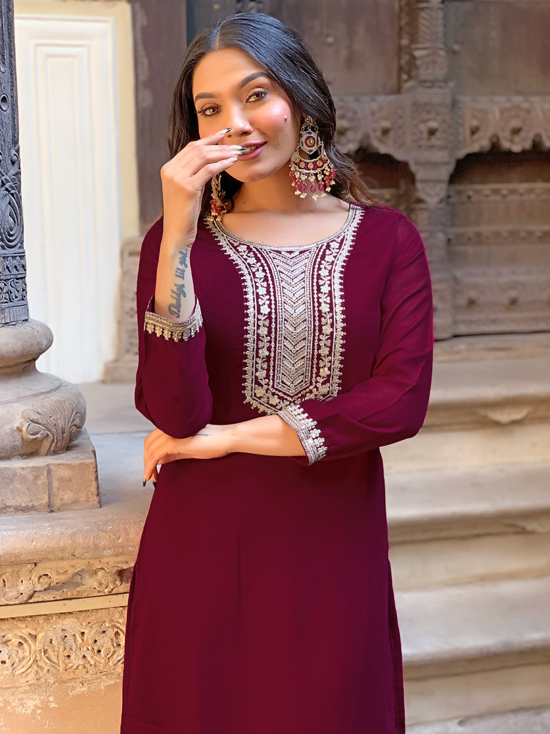 Women’s Wine Vichitra Silk Embroidered Kurta Set with Pant & Chinon Laced Dupatta