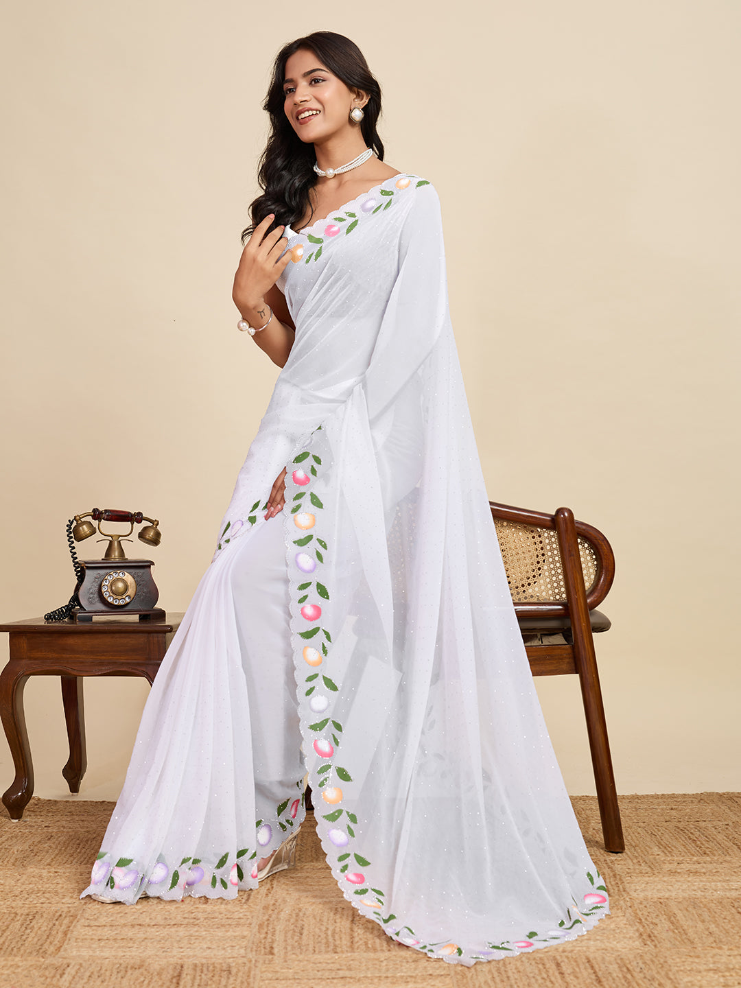 White Georgette Soft Saree with Floral Brush Print & Intricate Border – Elegant Pastel Saree for Festive & Daily Wear