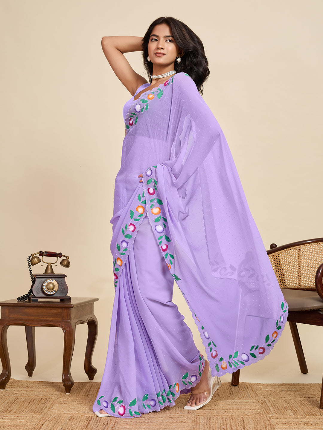 Lavender Georgette Soft Silk Saree with Floral Brush Print & Intricate Border – Elegant Pastel Saree for Festive & Daily Wear (Copy)