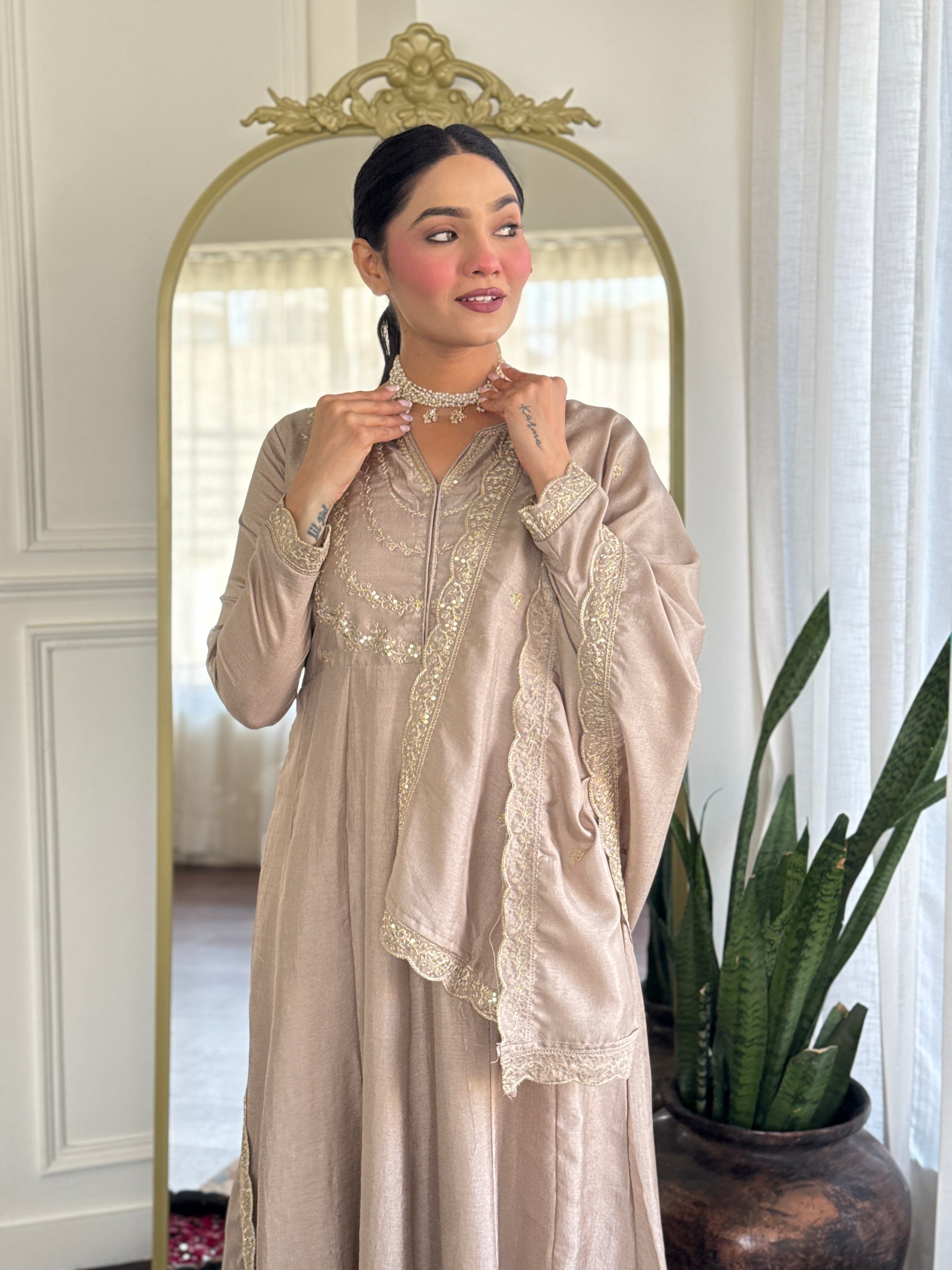 Women’s Cream Vichitra Silk Kurta Set with Sequin & Coding Embroidery Work