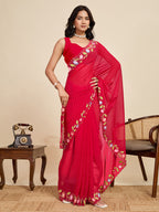 Red Georgette Soft Saree with Floral Brush Print & Intricate Border – Elegant Pastel Saree for Festive & Daily Wear