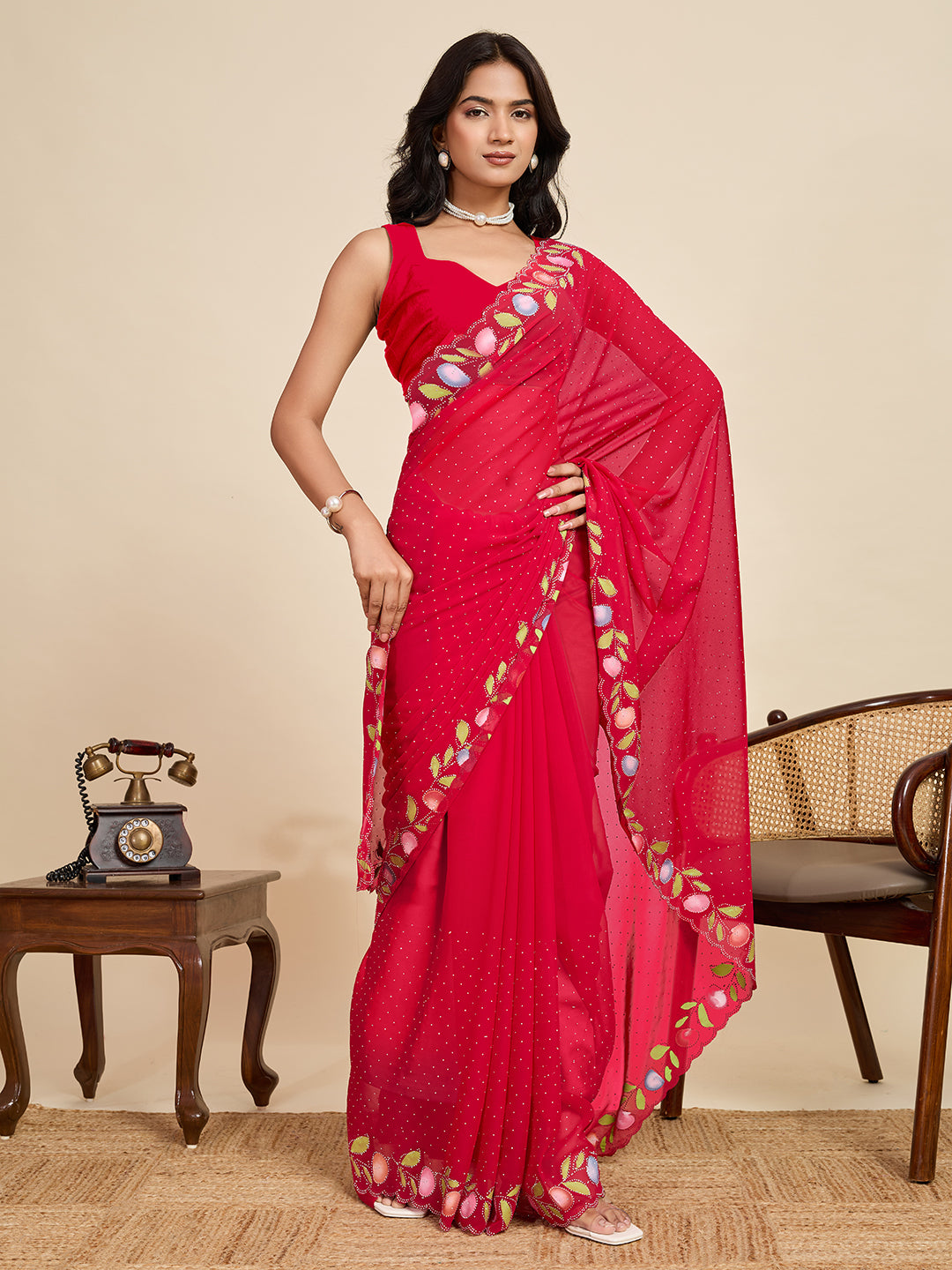 Red Georgette Soft Saree with Floral Brush Print & Intricate Border – Elegant Pastel Saree for Festive & Daily Wear