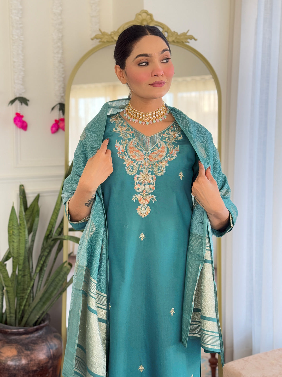 Women’s Teal Pure Viscose Chanderi Kurta Set with Sequin Embroidery Work