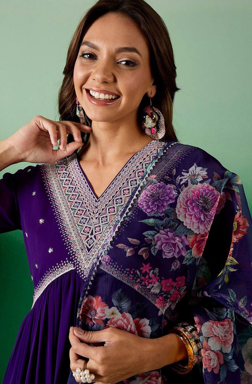 Women’s Purple Blooming Georgette Kurta Set with Sequin Embroidery Work