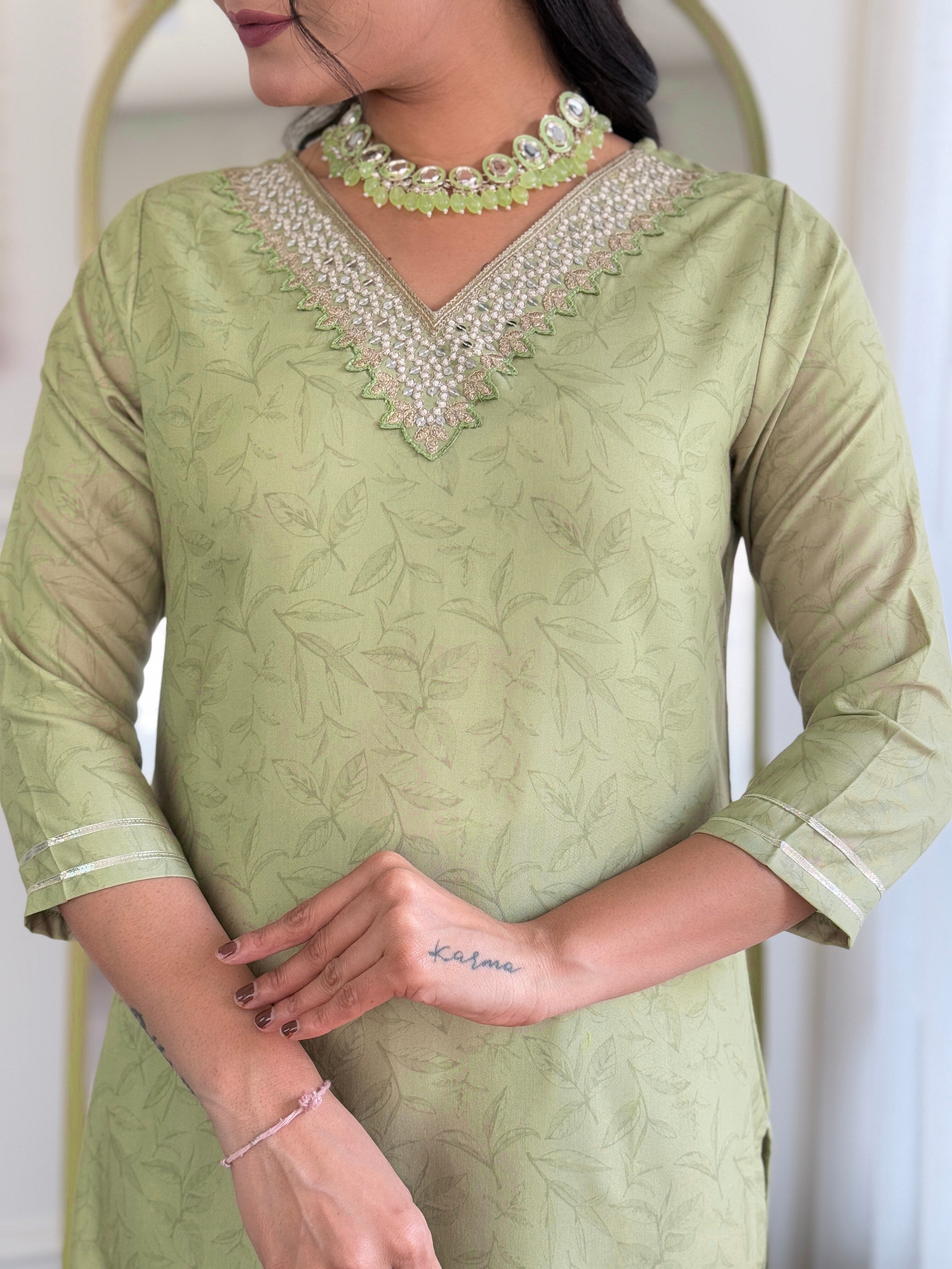 Pista Green Embroidered Rayon Kurti Set with Chanderi Dupatta – Sizes S to 2XL