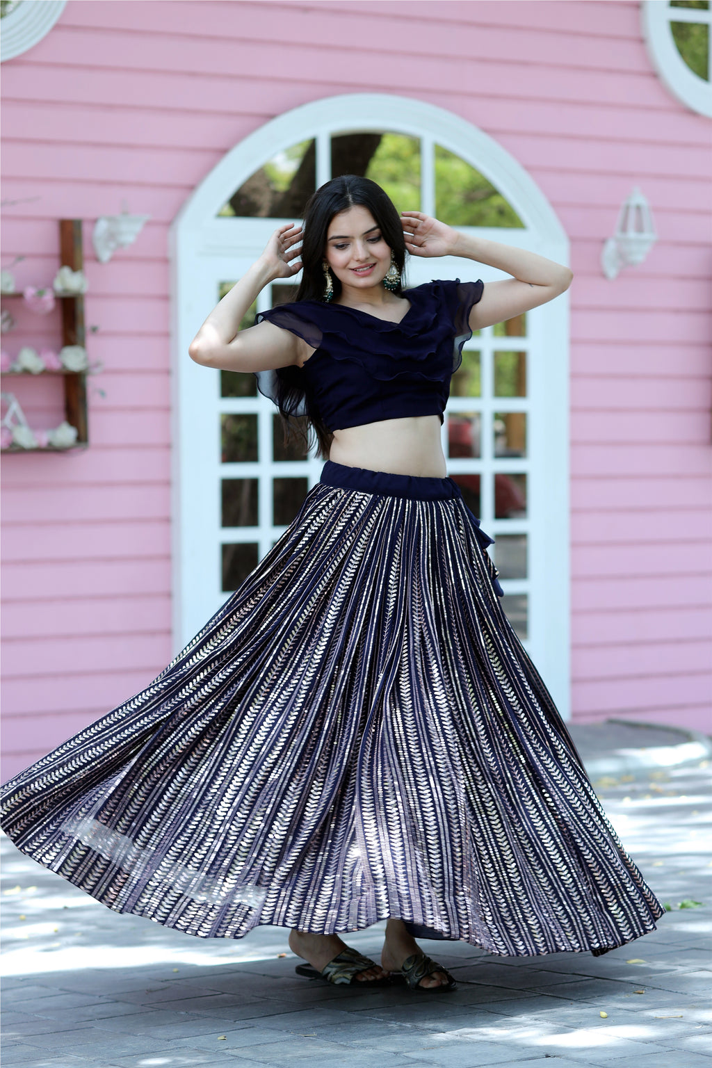 Designer Faux Blooming Black Lehenga Choli with Sequins Work – Full Stitched | Frill Blouse | Size 40-44