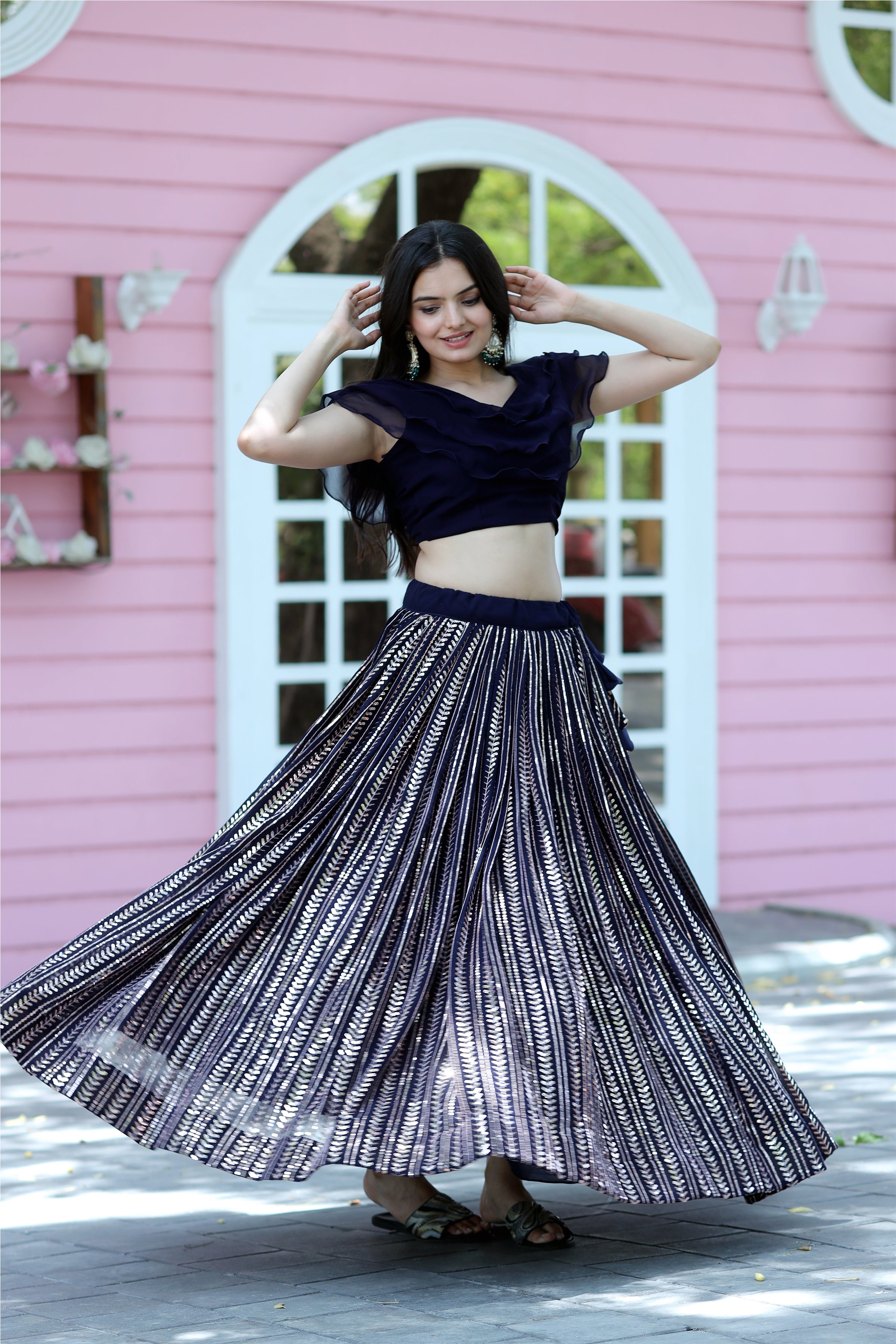 Designer Faux Blooming Black Lehenga Choli with Sequins Work – Full Stitched | Frill Blouse | Size 40-44