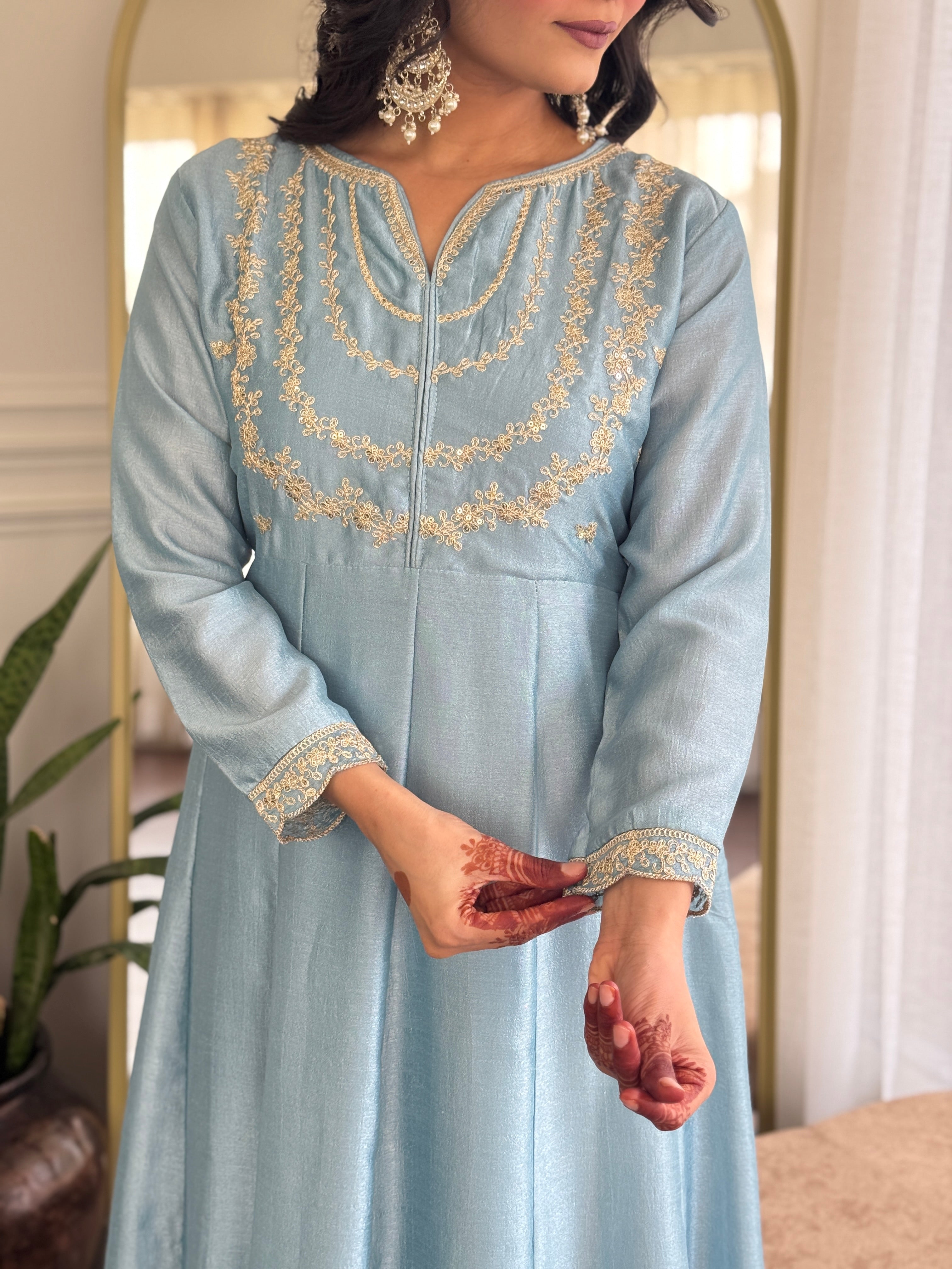 Women’s Sky Blue Vichitra Silk Kurta Set with Sequin & Coding Embroidery Work