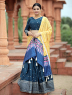 Mayra Silk Embroidered Blue Lehenga Choli Set with Digital Printed Maslin Dupatta | Full-Stitched Lehenga