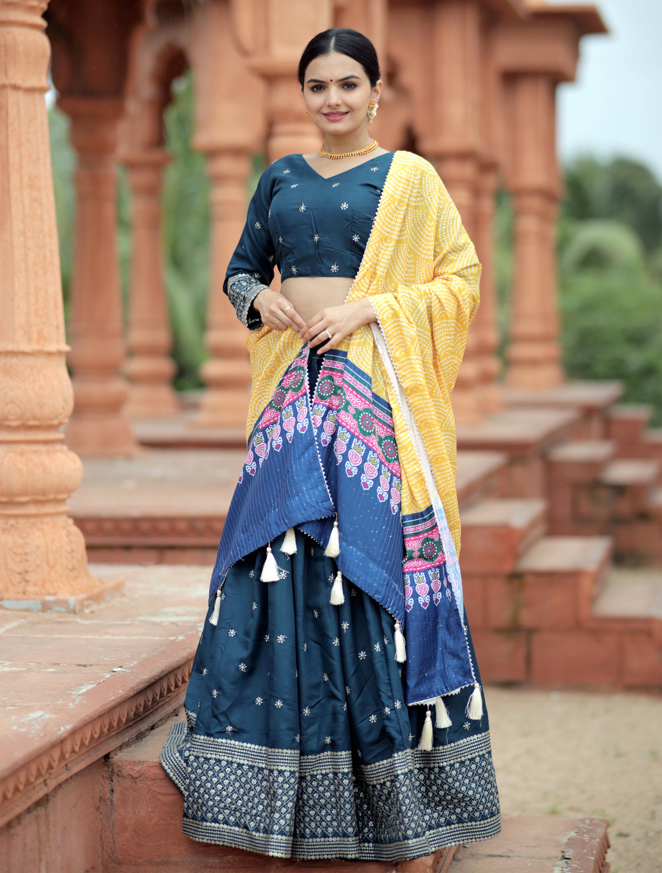 Mayra Silk Embroidered Blue Lehenga Choli Set with Digital Printed Maslin Dupatta | Full-Stitched Lehenga