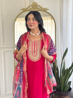Women’s Rani Pink Festive Pure Viscose Chanderi Silk Set with Glamorous Sequin Embroidery