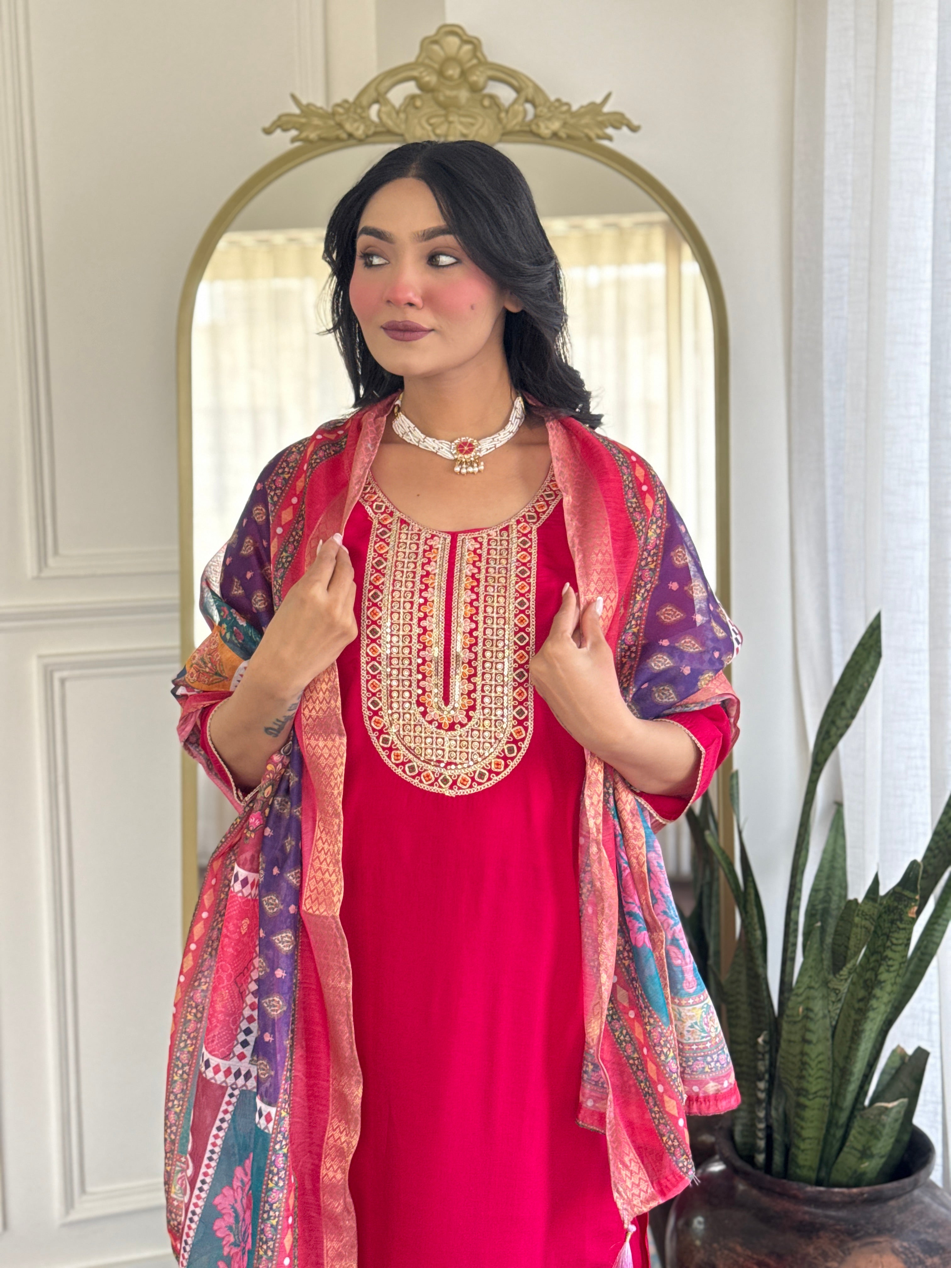 Women’s Rani Pink Festive Pure Viscose Chanderi Silk Set with Glamorous Sequin Embroidery