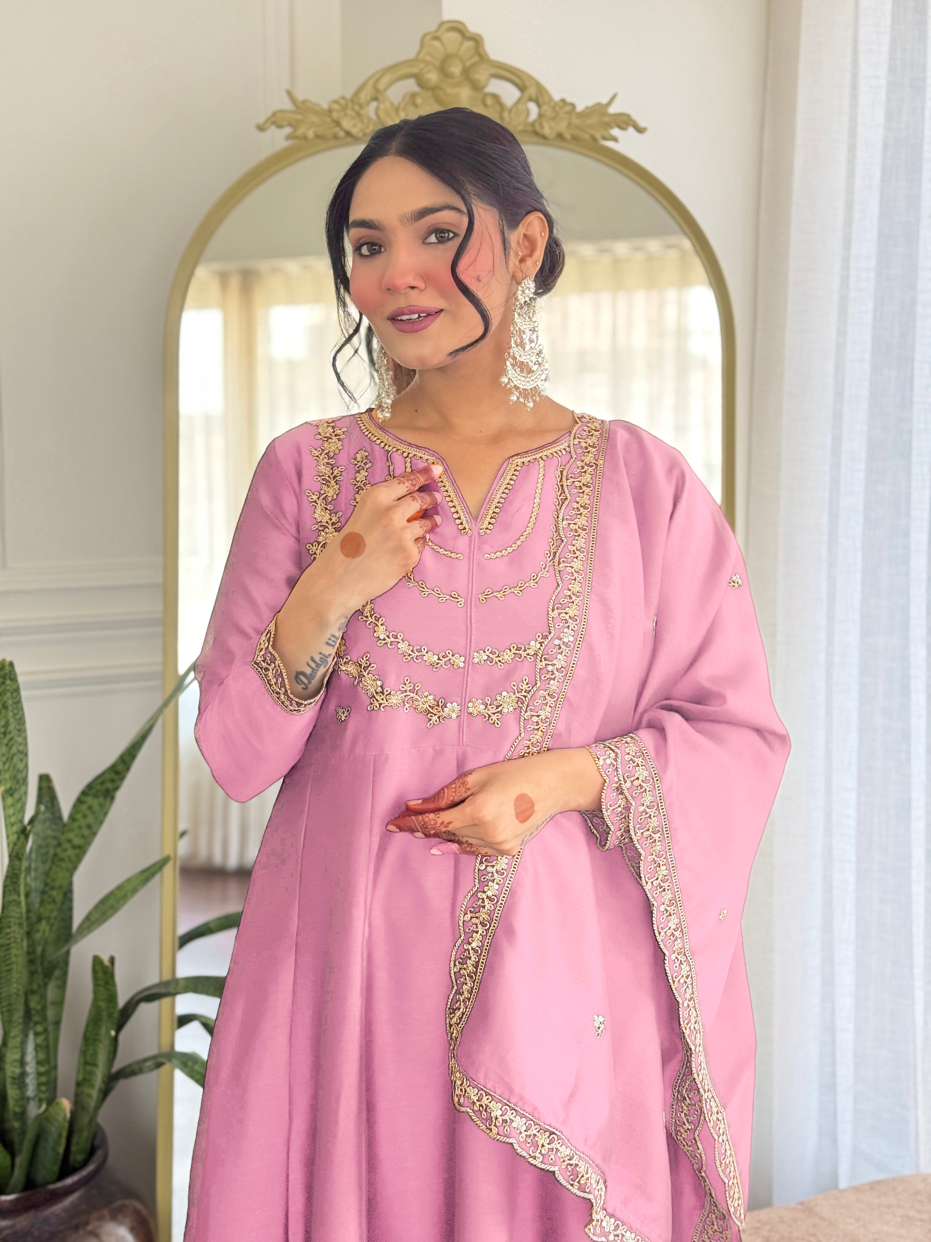 Women’s Pink Vichitra Silk Kurta Set with Sequin & Coding Embroidery Work