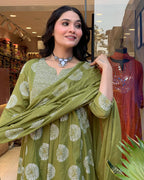 Women’s Green Ethnic Rayon Kurta Set with Embroidery & Printed Cotton Dupatta