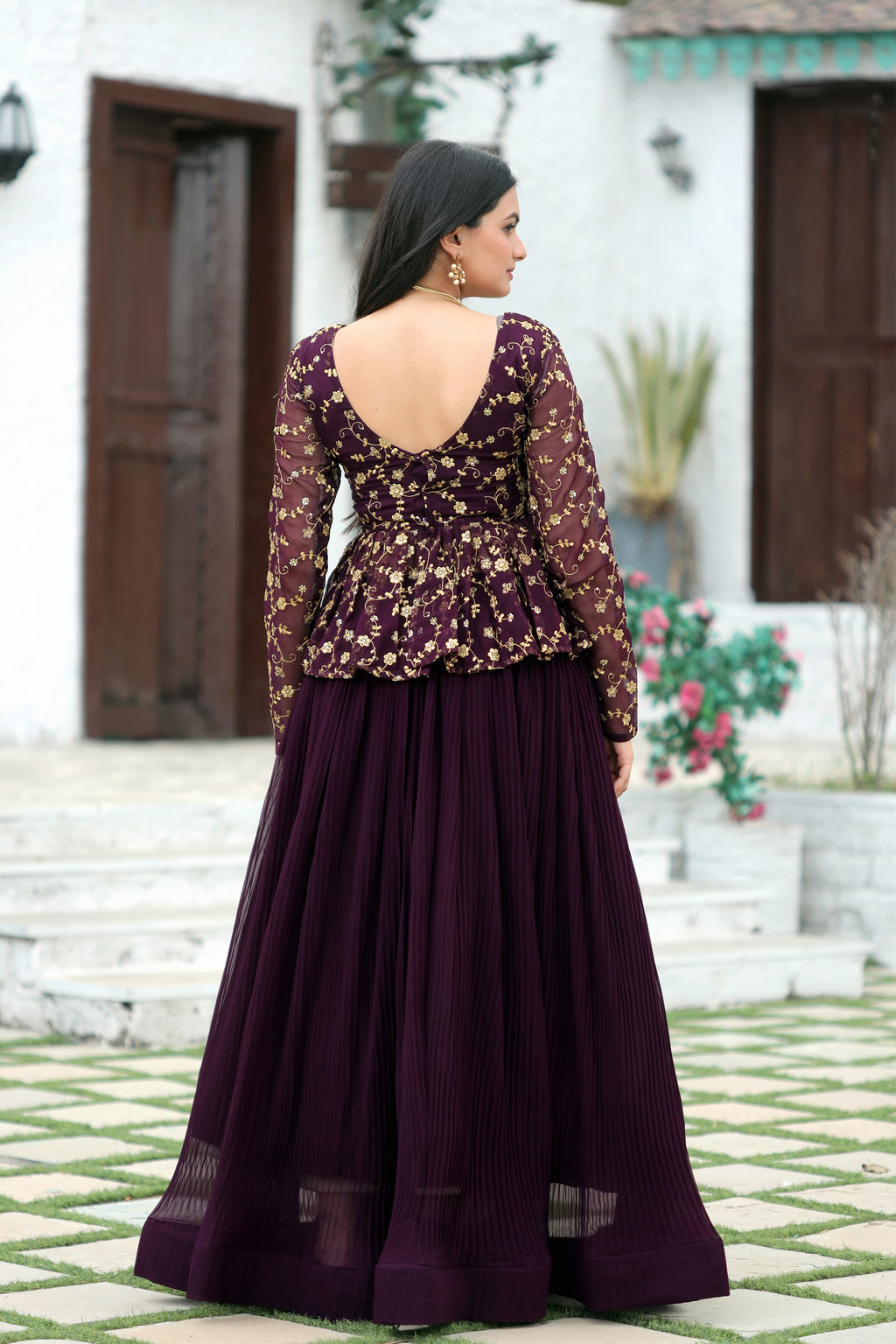 Elegant Faux Blooming Pleated Lehenga with Embroidered Peplum Blouse – Full Stitched Set (Adjustable Size 38"–44") | 5 Mtr Flair