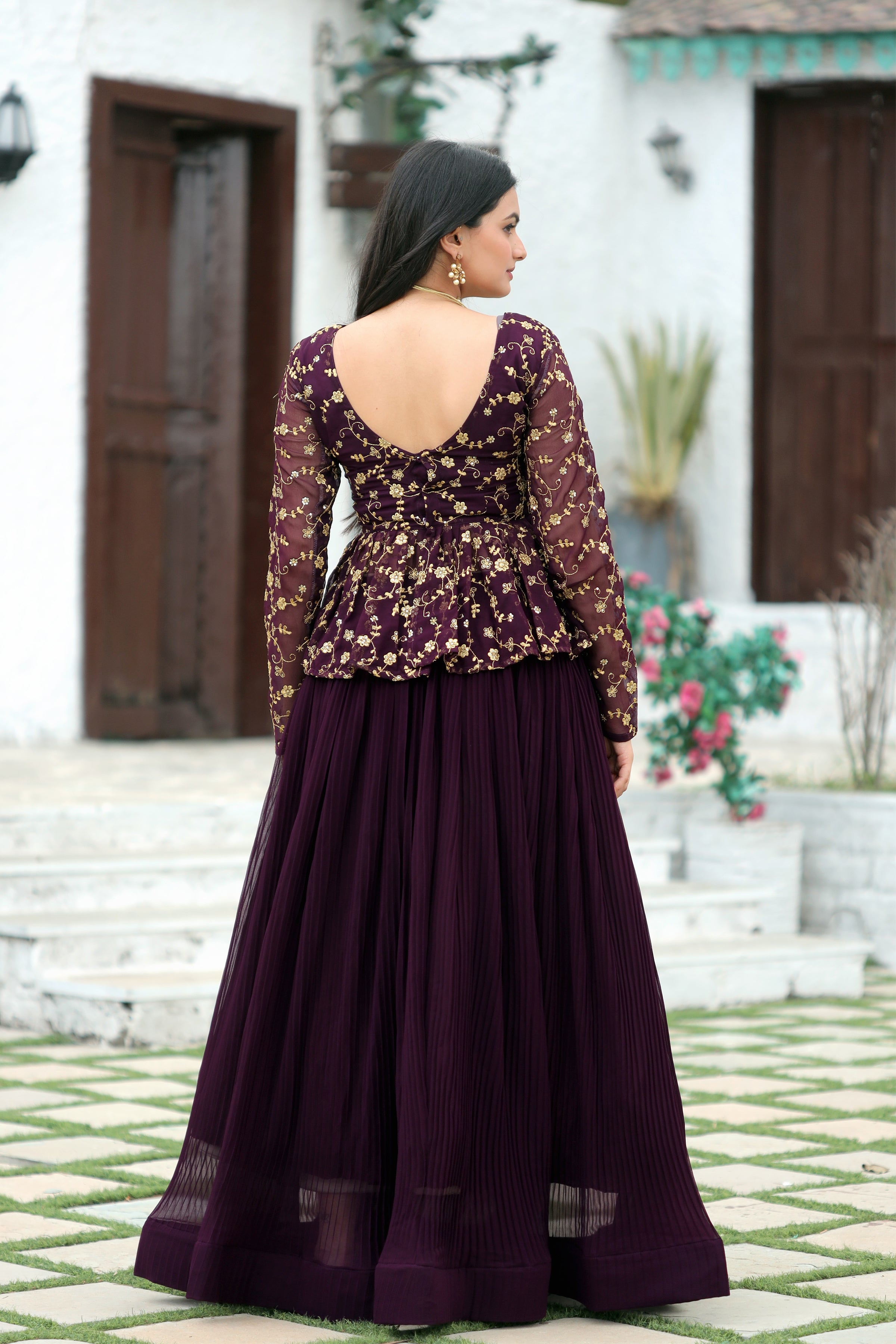Elegant Faux Blooming Pleated Lehenga with Embroidered Peplum Blouse – Full Stitched Set (Adjustable Size 38"–44") | 5 Mtr Flair