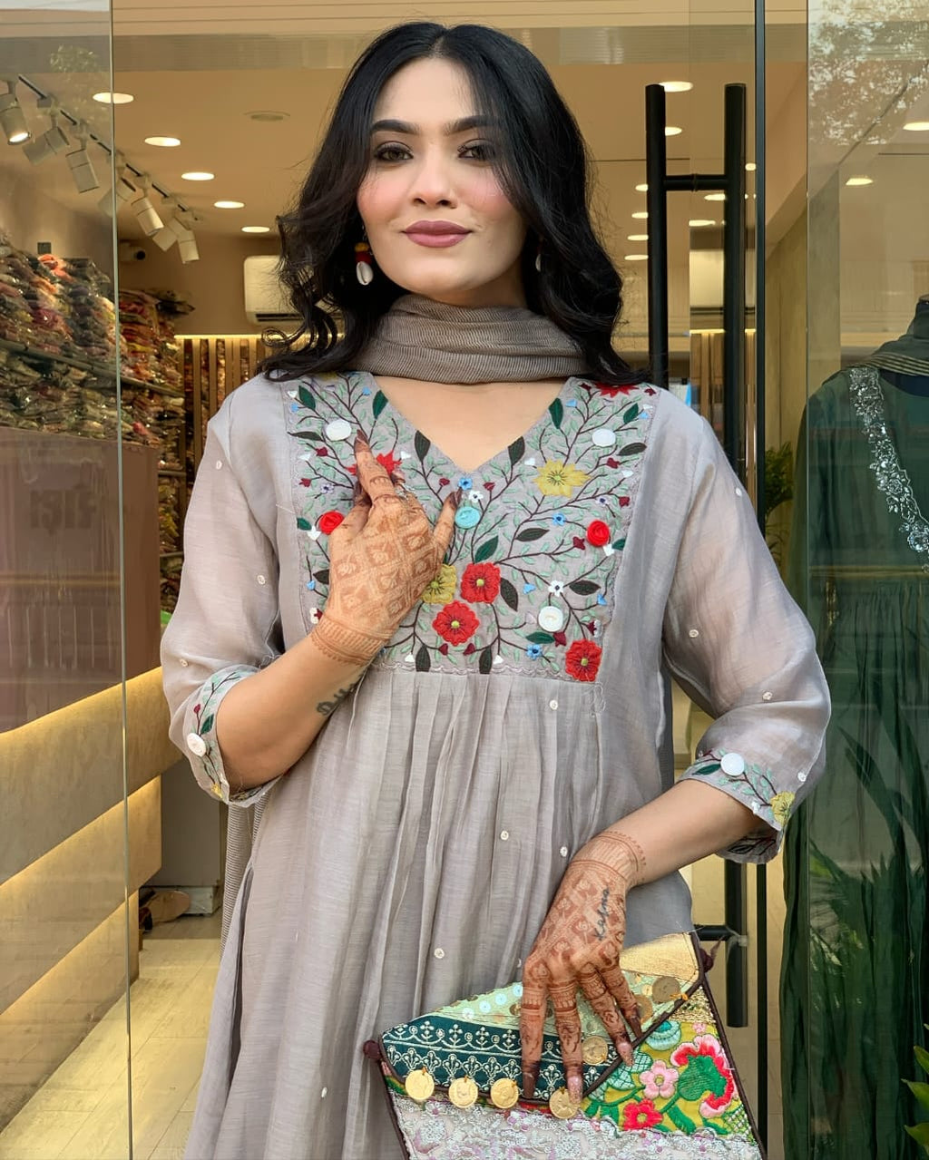 Women’s Grey Viscose Chinon Embroidered Kurta Set with Bhagalpuri Dupatta