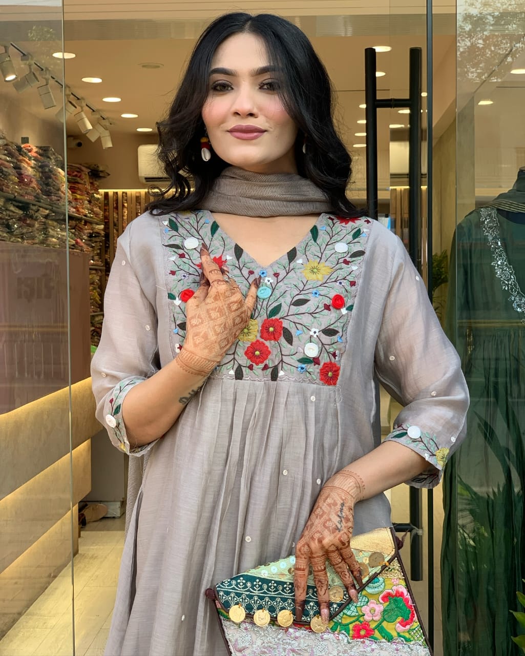 Women’s Grey Viscose Chinon Embroidered Kurta Set with Bhagalpuri Dupatta
