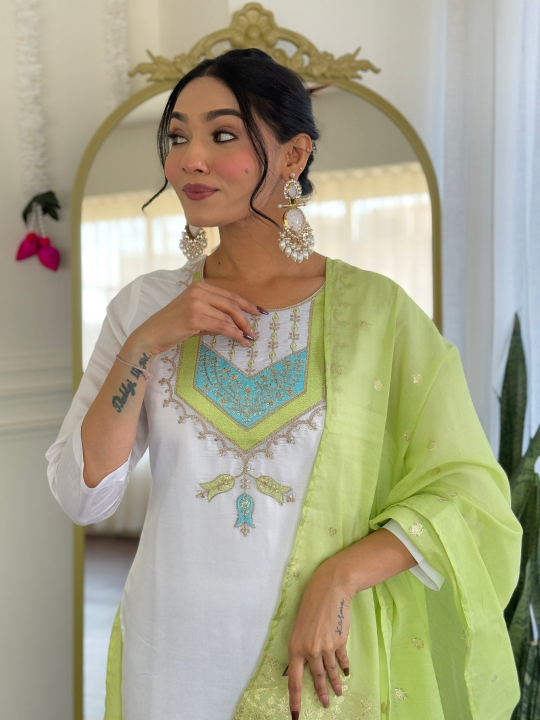 Women’s White Pure Viscose Chanderi Kurta Set with Sequin & Coding Embroidery