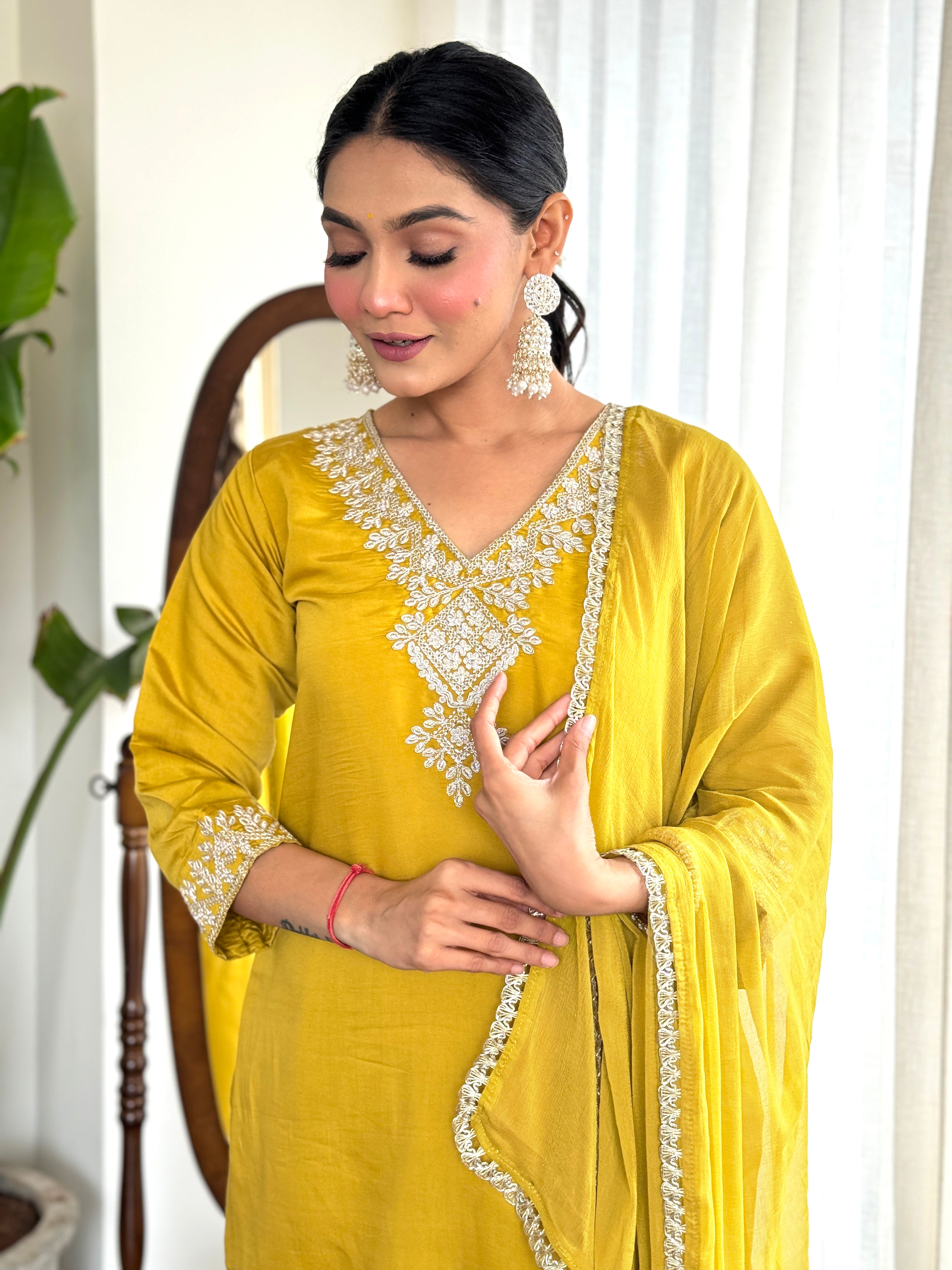 Women’s Yellow Pure Viscose Chanderi Silk Kurta Set with Sequin & Coding Embroidery