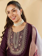 Women’s Wine Ethnic Kurta Set in Pure Viscose Chanderi Silk with Sequin & Coding Work
