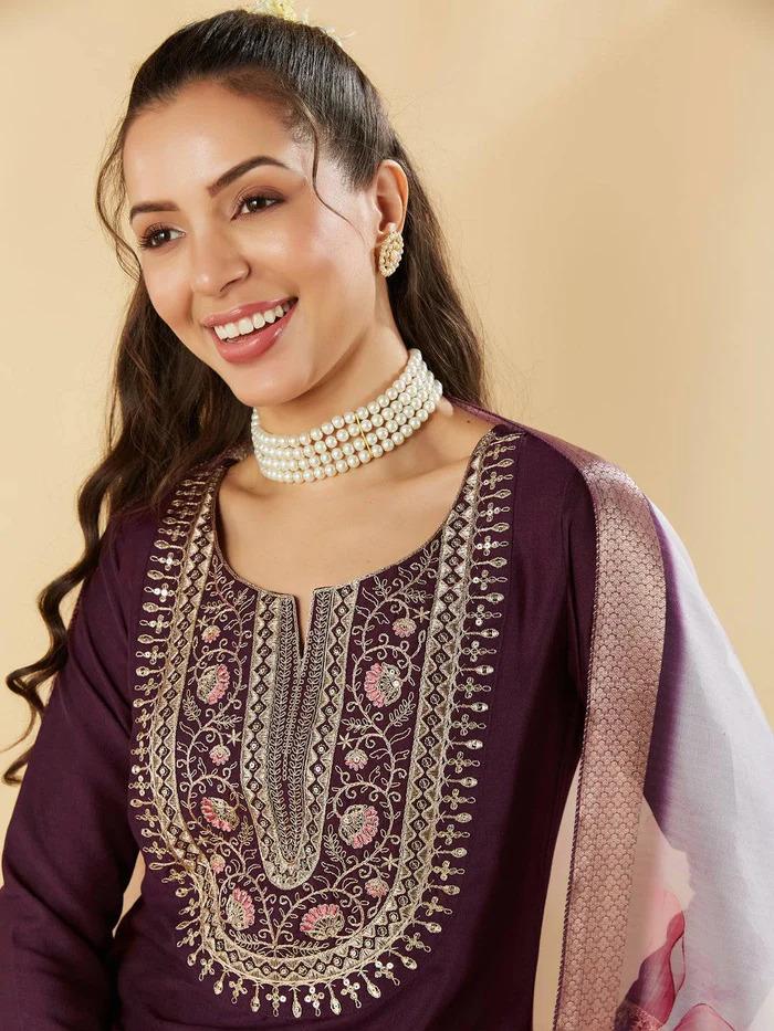 Women’s Wine Ethnic Kurta Set in Pure Viscose Chanderi Silk with Sequin & Coding Work