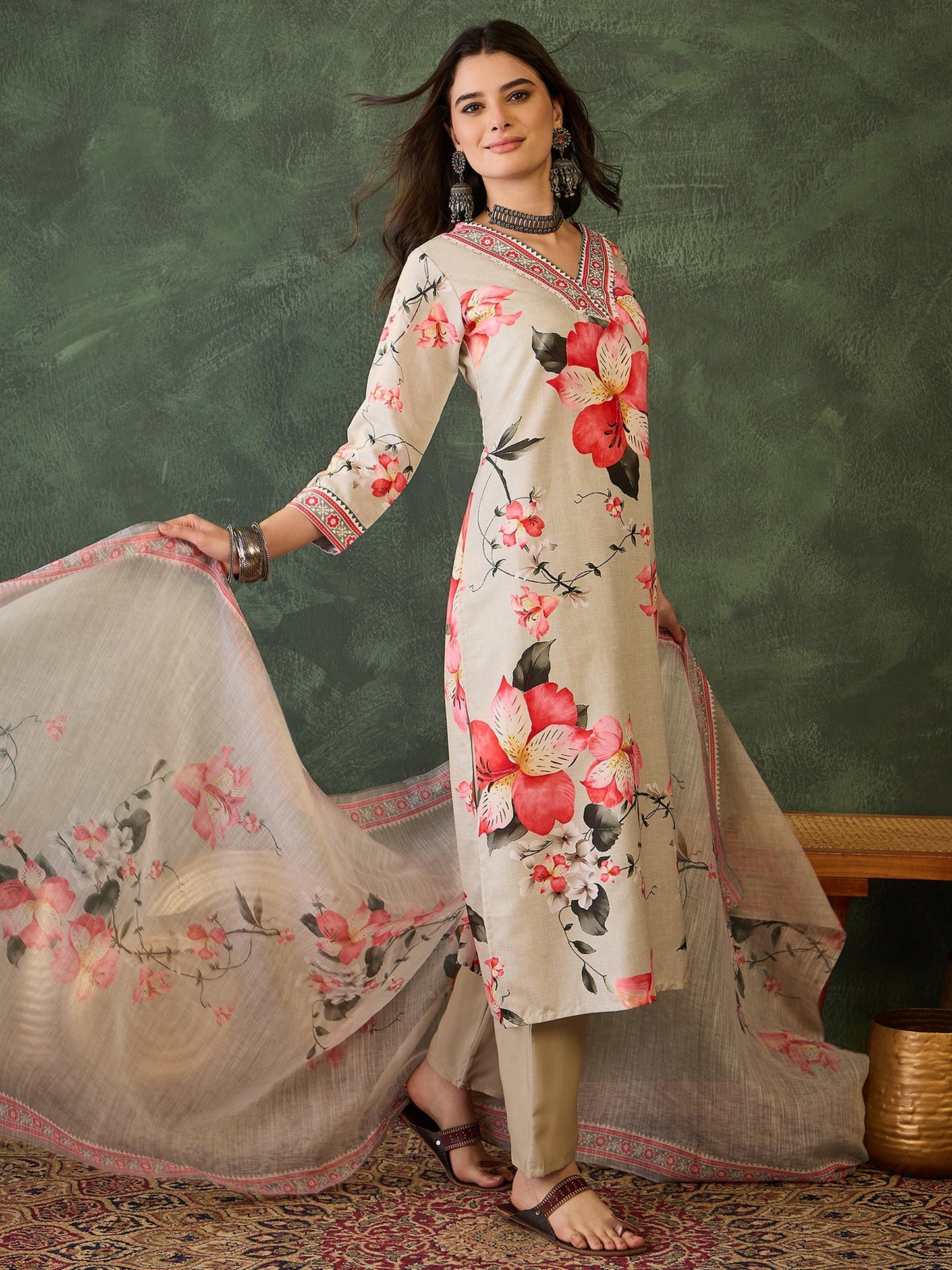 Cream Floral Printed Kurta Set with Dupatta