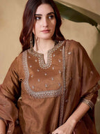 Women’s Brown Pure Vichitra Silk Kurta Set with Sequin Embroidery Work