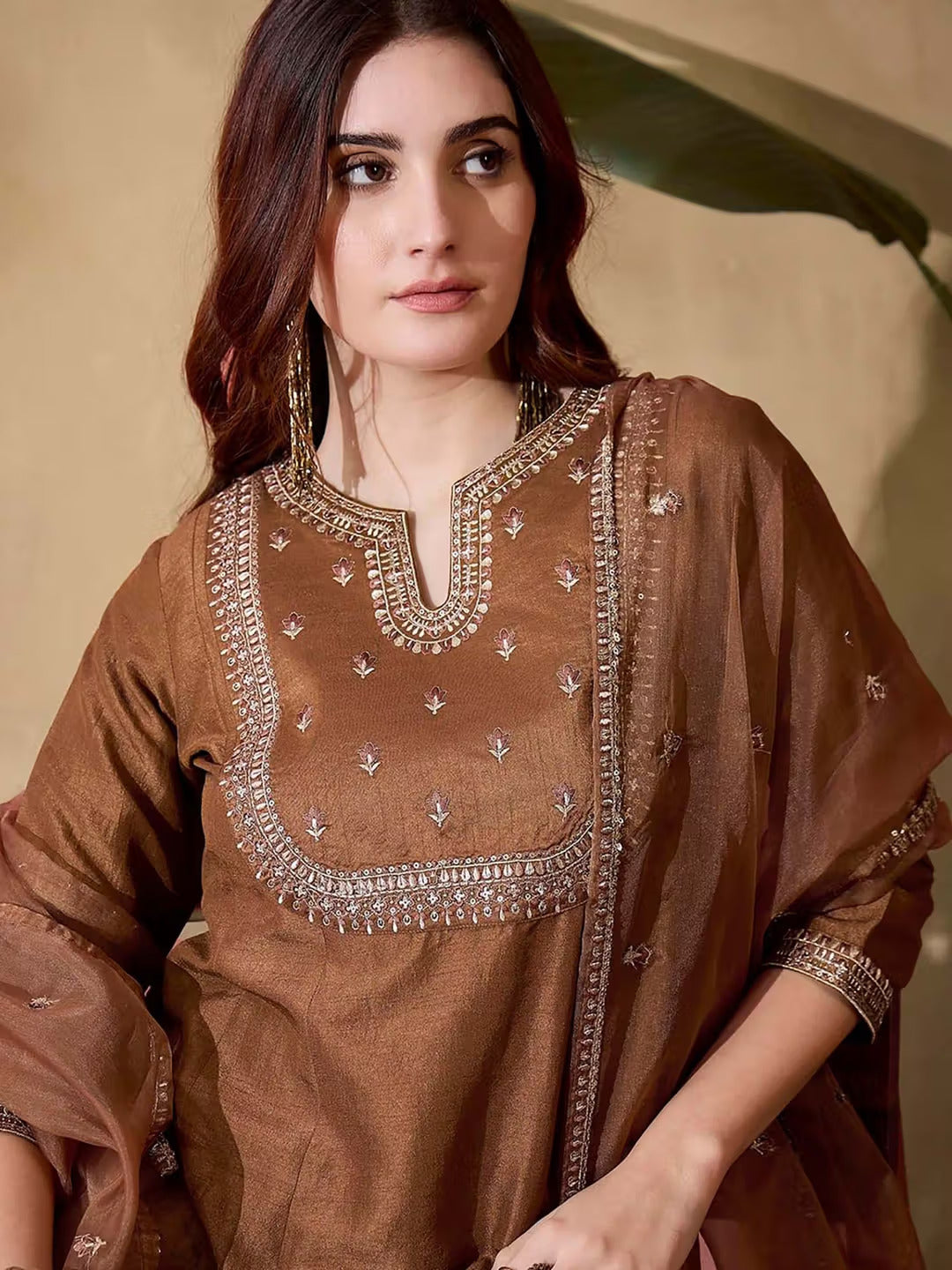 Women’s Brown Pure Vichitra Silk Kurta Set with Sequin Embroidery Work