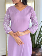 Lavender Embroidered Rayon Kurti Set with Taby Dupatta – Sizes S to 2XL