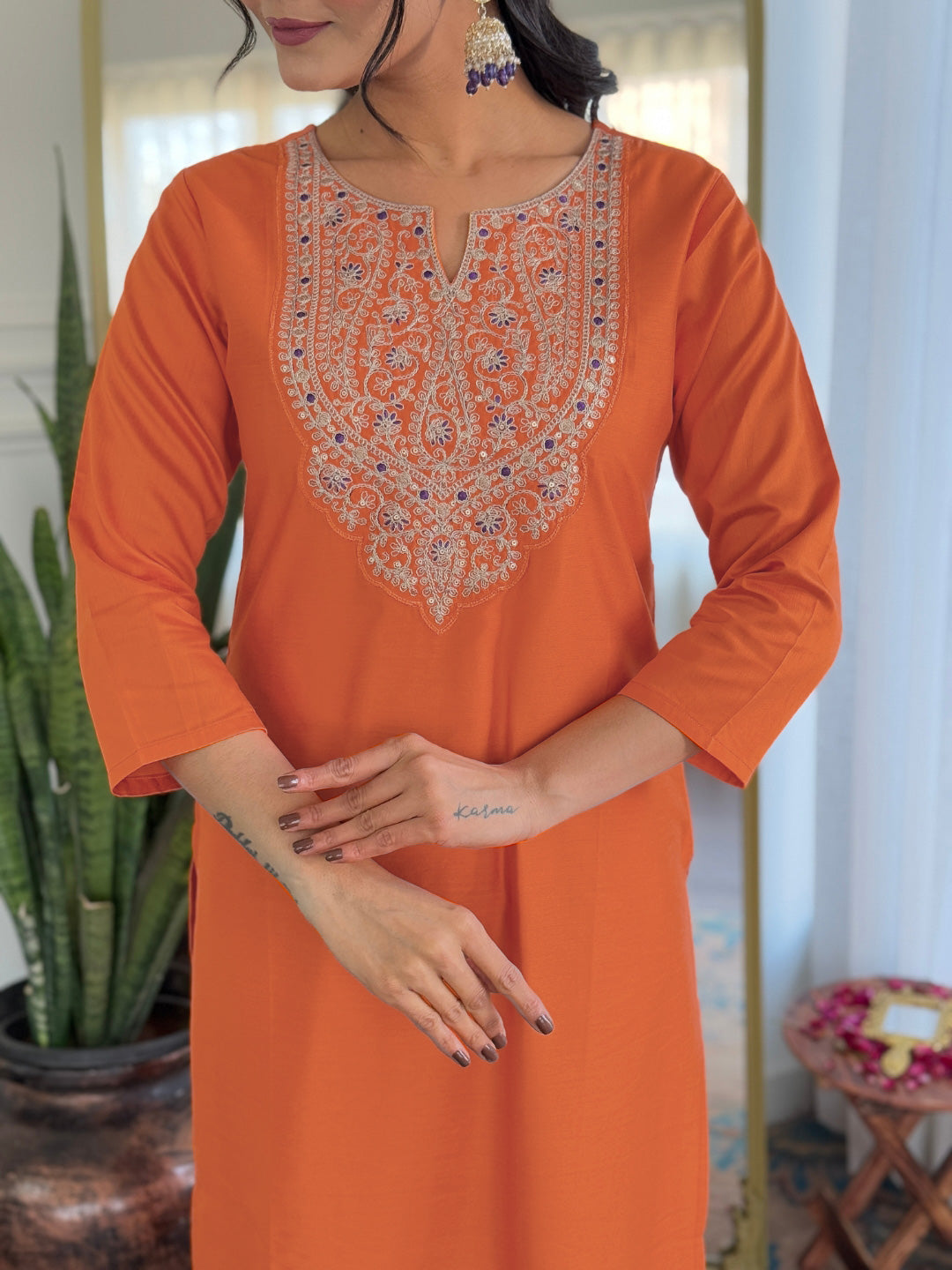 Bright Orange Embroidered Rayon Kurti Set with Taby Dupatta – Sizes S to 2XL