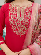 Stylish Red Embroidered Rayon Slub Kurti Set with Organza Dupatta – Sizes S to 2XL