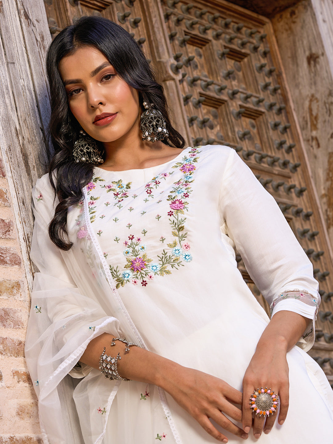 Women’s White Viscose Chanderi Kurta Set with Sequin Embroidered Work
