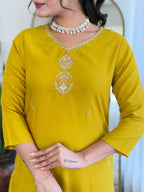Elegant Yellow Embroidered Rayon Kurti Set with Dupatta – Sizes S to 2XL