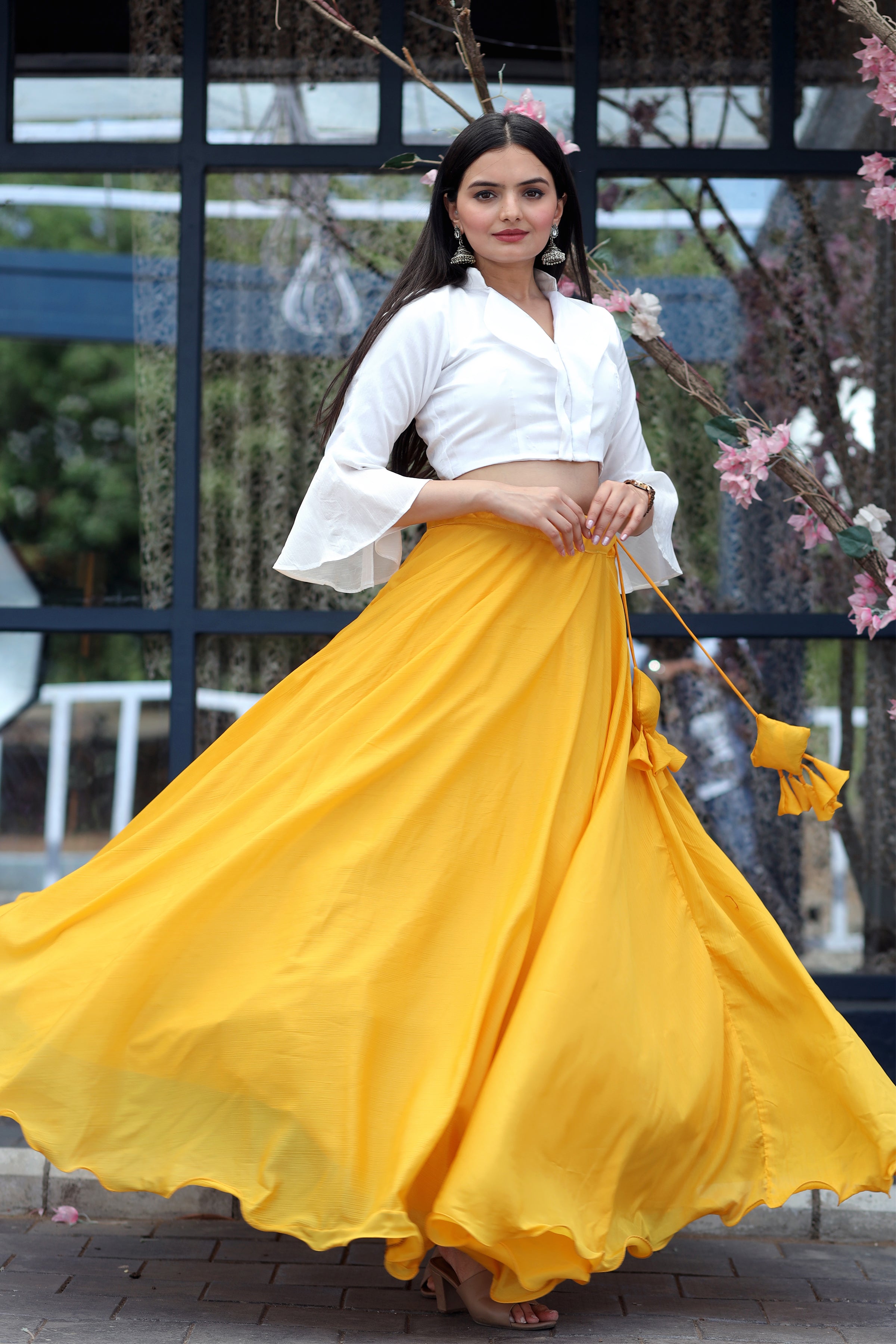 Heavy Chinnon Yellow  Lehenga with Designer Phantom Silk Blouse | Full-Stitched | 8.5 Mtr Flair