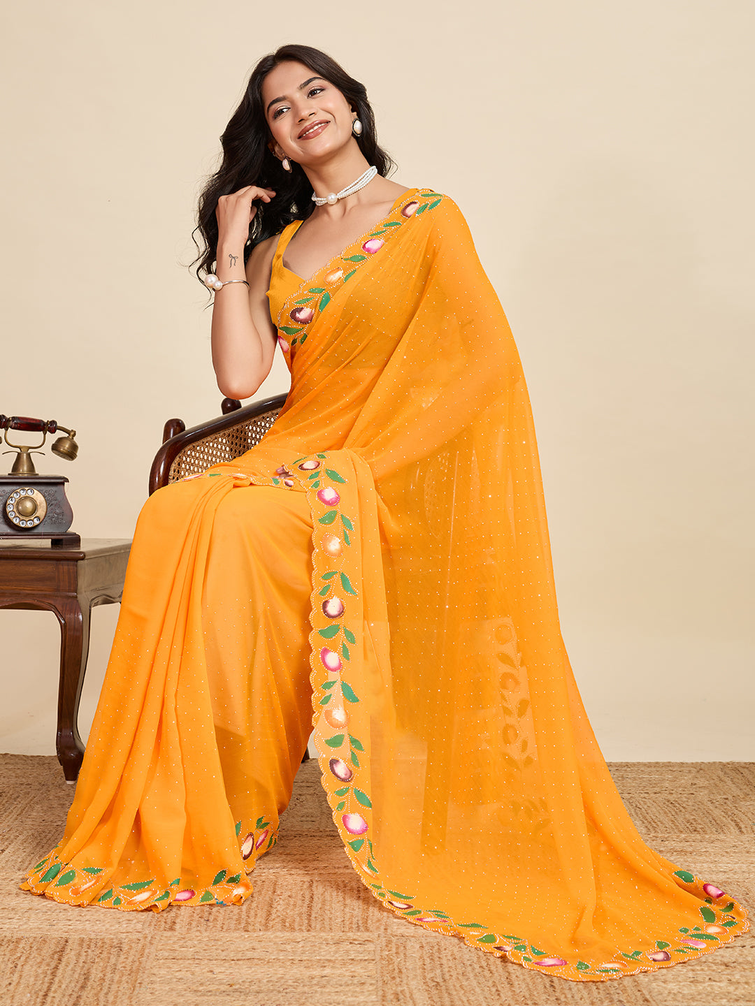 Mustard Georgette Soft Saree with Floral Brush Print & Intricate Border – Elegant Pastel Saree for Festive & Daily Wear