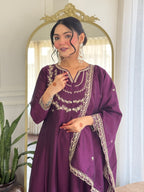 Women’s Purple Wine Vichitra Silk Kurta Set with Sequin & Coding Embroidery Work