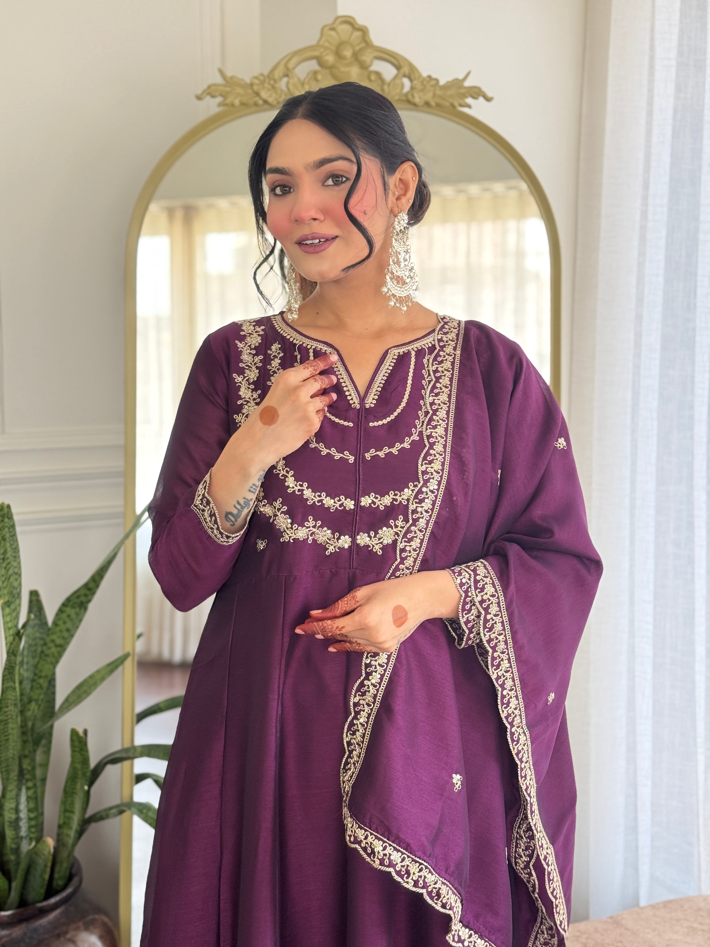 Women’s Purple Wine Vichitra Silk Kurta Set with Sequin & Coding Embroidery Work